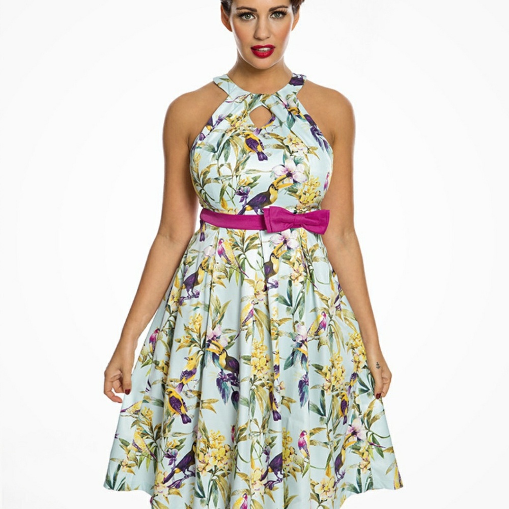 Lindy Bop Cherel Blue Tropical Bird Print Dress